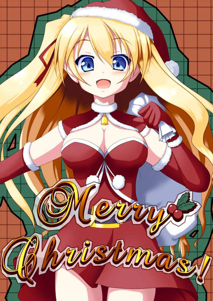 1girl blonde_hair blue_eyes blush breasts elbow_gloves enfiene_mithumi_leinsfort eveglis gloves hat highres long_hair looking_at_viewer merry_christmas open_mouth original santa_costume santa_hat skirt smile solo very_long_hair