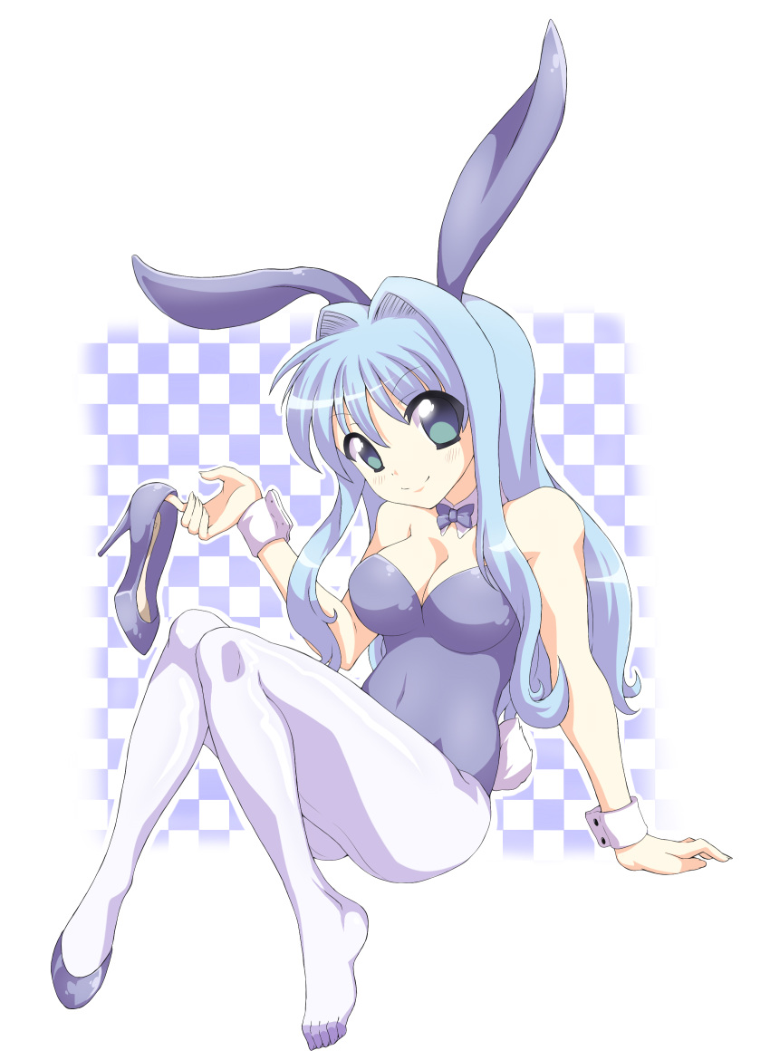 1girl absurdres animal_ears bare_shoulders blue_clothes blue_hair bunny_tail bunnysuit highres long_hair pantyhose rabbit_ears ribbon shoes_removed tail white_legwear zeshgolden