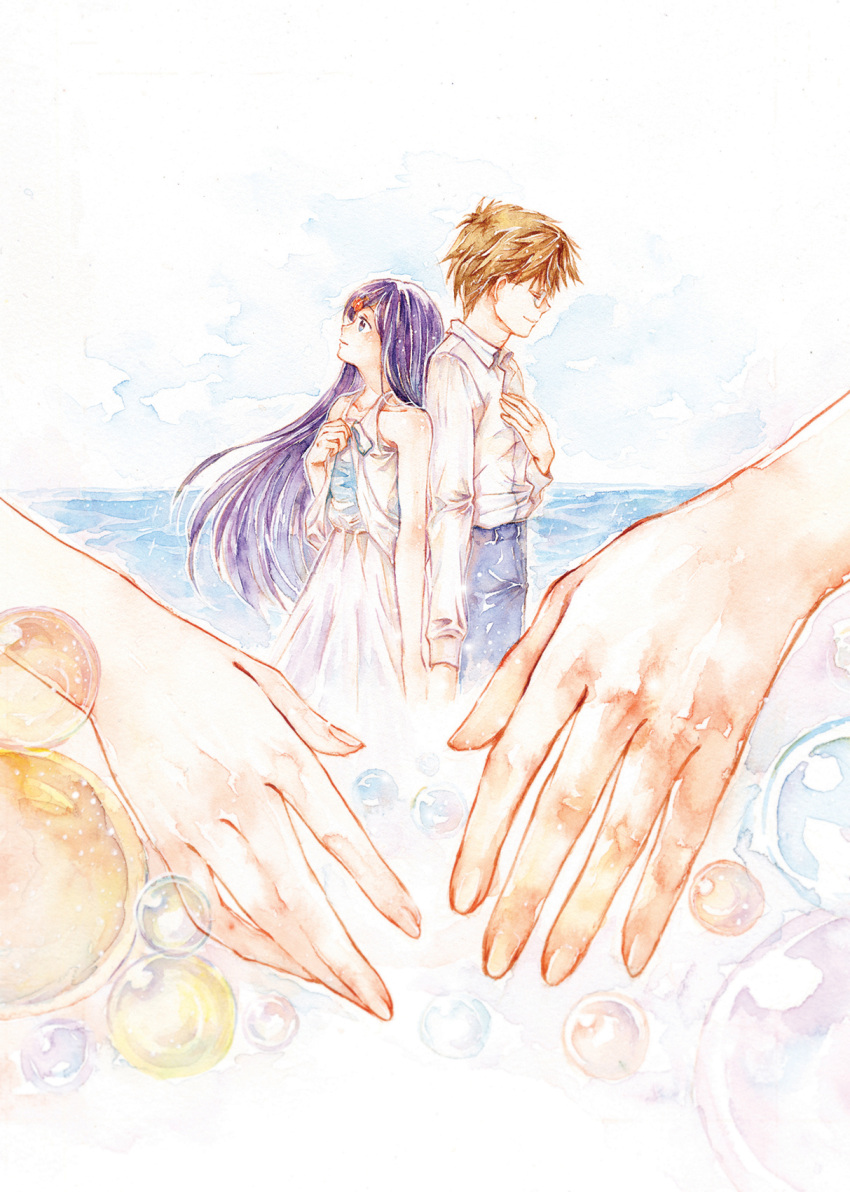 1boy 1girl back-to-back brown_hair bubble closed_eyes colored_pencil_(medium) glasses hand_on_own_chest hands height_difference highres kchang57 long_hair looking_up original profile purple_hair short_hair traditional_media water watercolor_(medium)