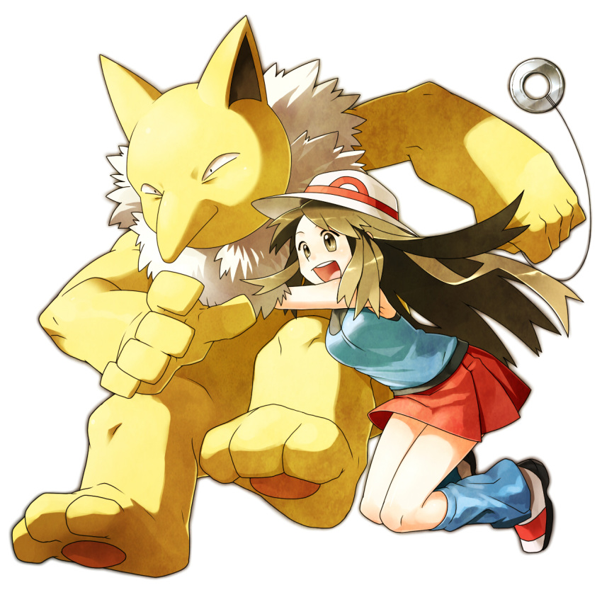 1girl blue_(pokemon) brown_eyes brown_hair full_body hat highres hypno kneehighs long_hair open_mouth pleated_skirt pokemon pokemon_(creature) pokemon_(game) pokemon_frlg ryanpei skirt sleeveless sleeveless_shirt white_background