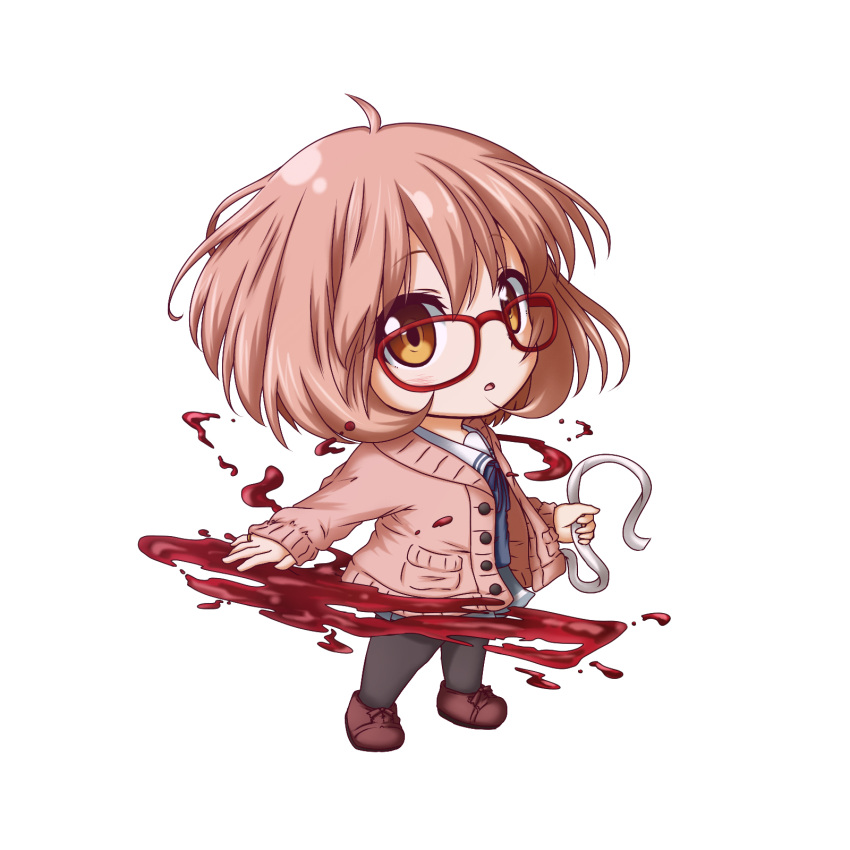 1girl blood brown_eyes brown_hair cardigan chibi glasses highres kuena kuriyama_mirai kyoukai_no_kanata pantyhose red-framed_glasses school_uniform serafuku short_hair solo