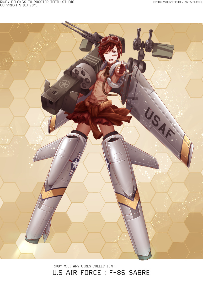 1girl absurdres airplane_wing belt dishwasher1910 goggles goggles_on_head grey_eyes gun highres machine_gun military multicolored_hair pointing pointing_at_viewer redhead rocket_launcher ruby_rose rwby short_hair skirt solo two-tone_hair weapon
