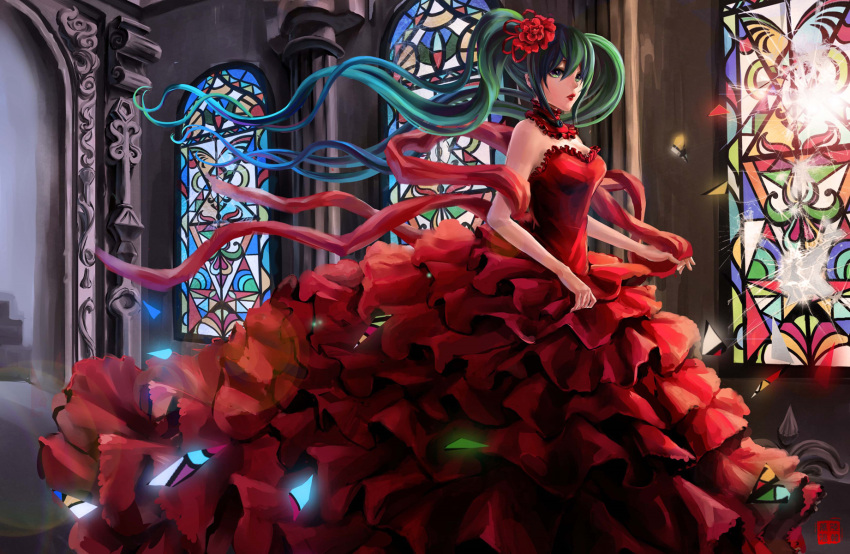 1girl dress floating_hair flower formal green_eyes green_hair hair_flower hair_ornament hatsune_miku highres long_hair solo stained_glass twintails very_long_hair vocaloid