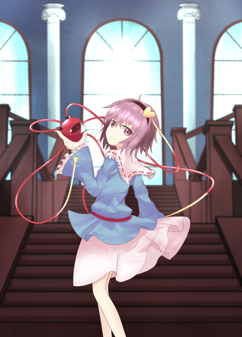 1girl absurdres ahoge blouse blue_blouse closed_mouth collared_blouse commentary_request eyeball frilled_shirt_collar frills hair_ornament hairband heart heart_hair_ornament heart_of_string highres holding indoors komeiji_satori long_sleeves messy_hair pink_skirt purple_hair ribbon_trim short_hair skirt smile stairs str11x third_eye touhou violet_eyes wide_sleeves