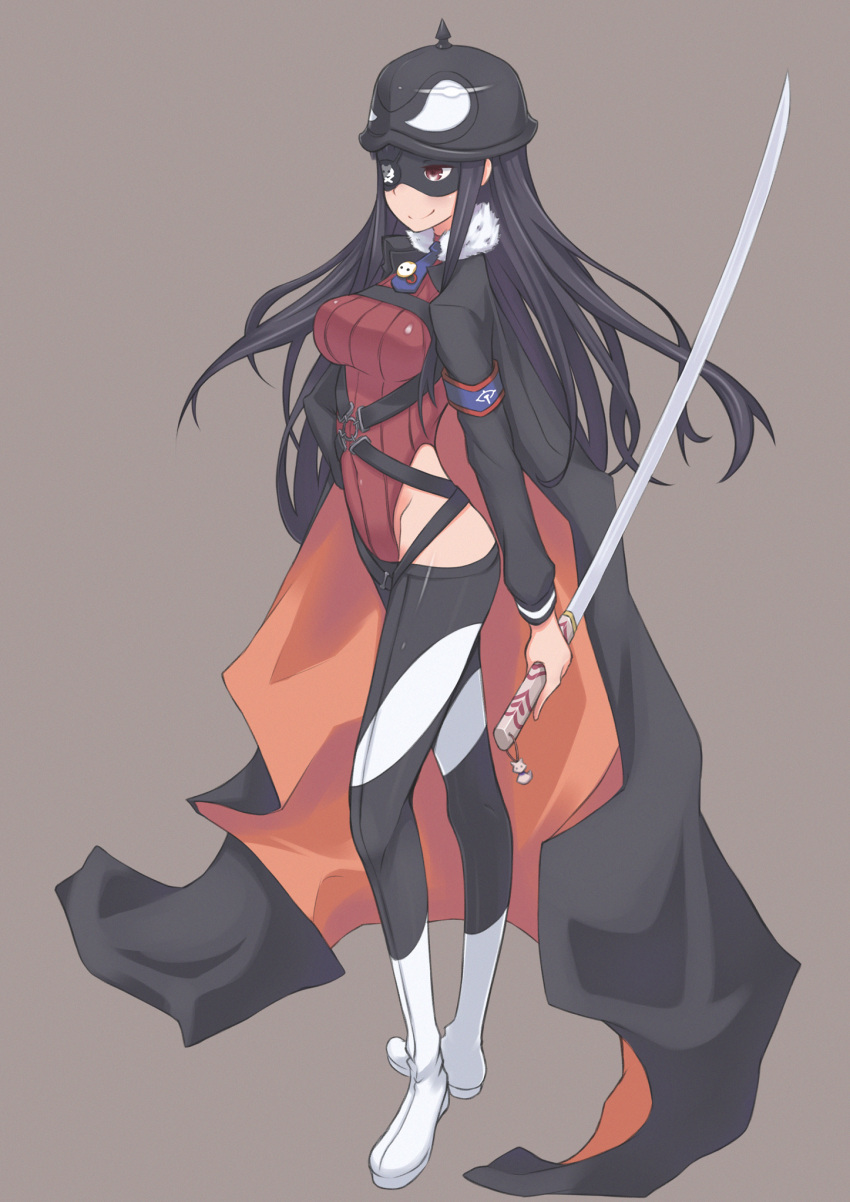 1girl belt black_hair cape coat eyepatch fur_trim galaxea grey_background helmet highleg highleg_leotard highres katana leotard long_coat long_hair lowleg lowleg_pants mask mound_of_venus necktie pants plamja-sama red_eyes reverse_grip sekai_seifuku:_bouryaku_no_zvezda shikabane_itsuka simple_background smile solo standing sword weapon