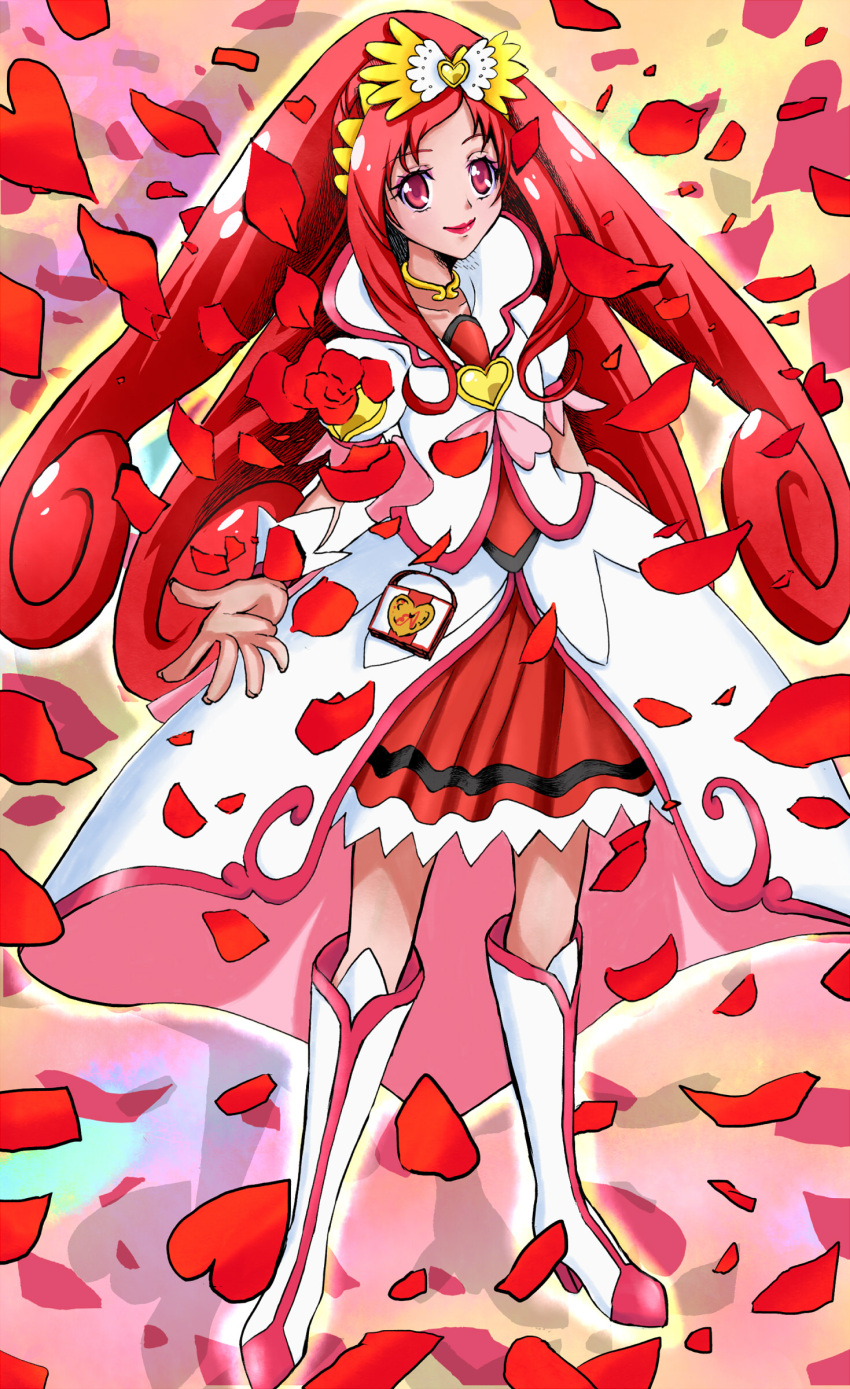 1girl absurdres amawa_kazuhiro boots bow choker coat cure_ace curly_hair dokidoki!_precure dress flower hair_bow highres knee_boots lipstick long_hair madoka_aguri magical_girl makeup petals precure puffy_sleeves red red_eyes red_rose redhead rose rose_petals smile solo standing wrist_cuffs
