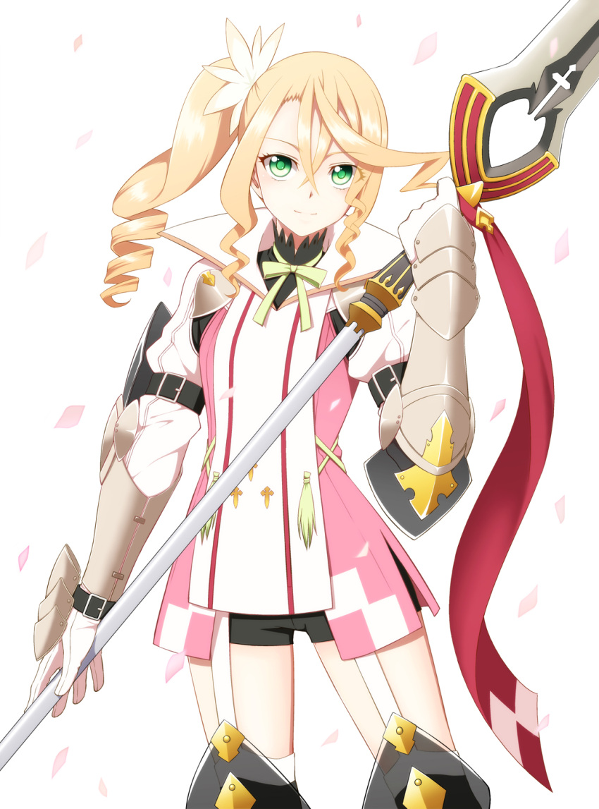 1girl alicia_(tales) armor blonde_hair boots drill_hair gloves green_eyes highres long_hair petals polearm shorts side_ponytail smile solo spear tales_of_(series) tales_of_zestiria utakata_masara weapon white_background