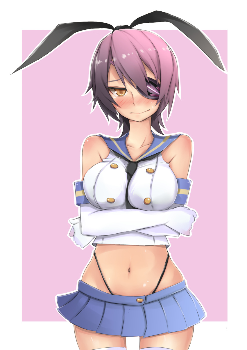 1girl beeyan between_breasts black_panties blush breast_hold breasts cosplay elbow_gloves eyepatch gloves hair_ribbon headgear highres kantai_collection large_breasts midriff navel necktie_between_breasts panties purple_hair ribbon shimakaze_(kantai_collection)_(cosplay) short_hair skirt socks solo striped tears tenryuu_(kantai_collection) thighhighs underwear white_gloves yellow_eyes
