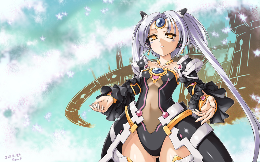 1girl bangs bracelet ecell elsword eve_(elsword) gem highres jewelry leotard long_hair parted_bangs solo twintails two_side_up white_hair yellow_eyes