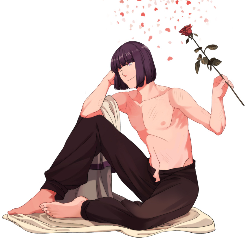 1boy barefoot flower lyxu male pants purple_hair red_rose rose scratches shirtless sitting slayers smile solo violet_eyes white_background wink xelloss