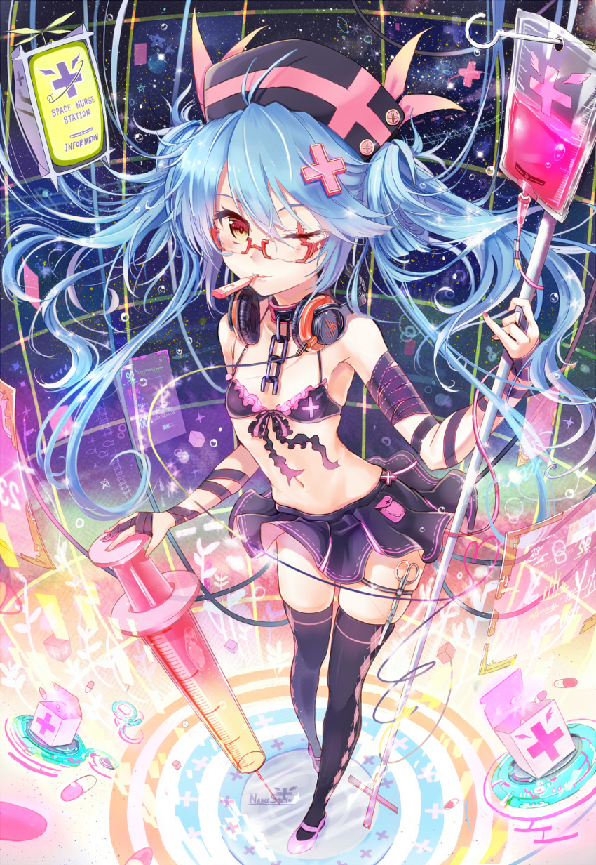 1girl absurdres akabane_(zebrasmise) argyle argyle_legwear arm_ribbon bikini_top blood blood_bag blue_hair bra chain collar cross flat_chest floating_screen foreshortening front-tie_top glasses hair_ornament hat headphones headphones_around_neck heart heart_of_string highres intravenous_drip lingerie long_hair multicolored_eyes nail_polish navel nurse_cap original pill pinky_out red-framed_glasses red_cross red_eyes revision scar scissors skindentation skirt solo space star_(sky) syringe thermometer thigh_strap thighhighs twintails underwear wink