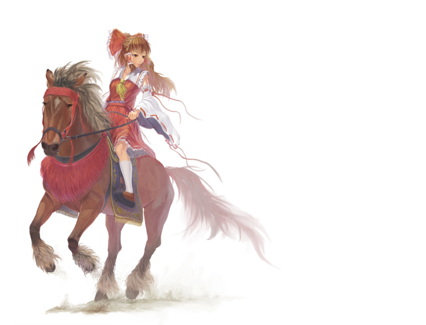 1girl ascot bow brown_eyes brown_hair detached_sleeves expressionless facing_away hair_bow hair_tubes hakurei_reimu horse horseback_riding kneehighs kuro_(kurodoodle22) short_hair simple_background skirt skirt_set solo touhou white_background