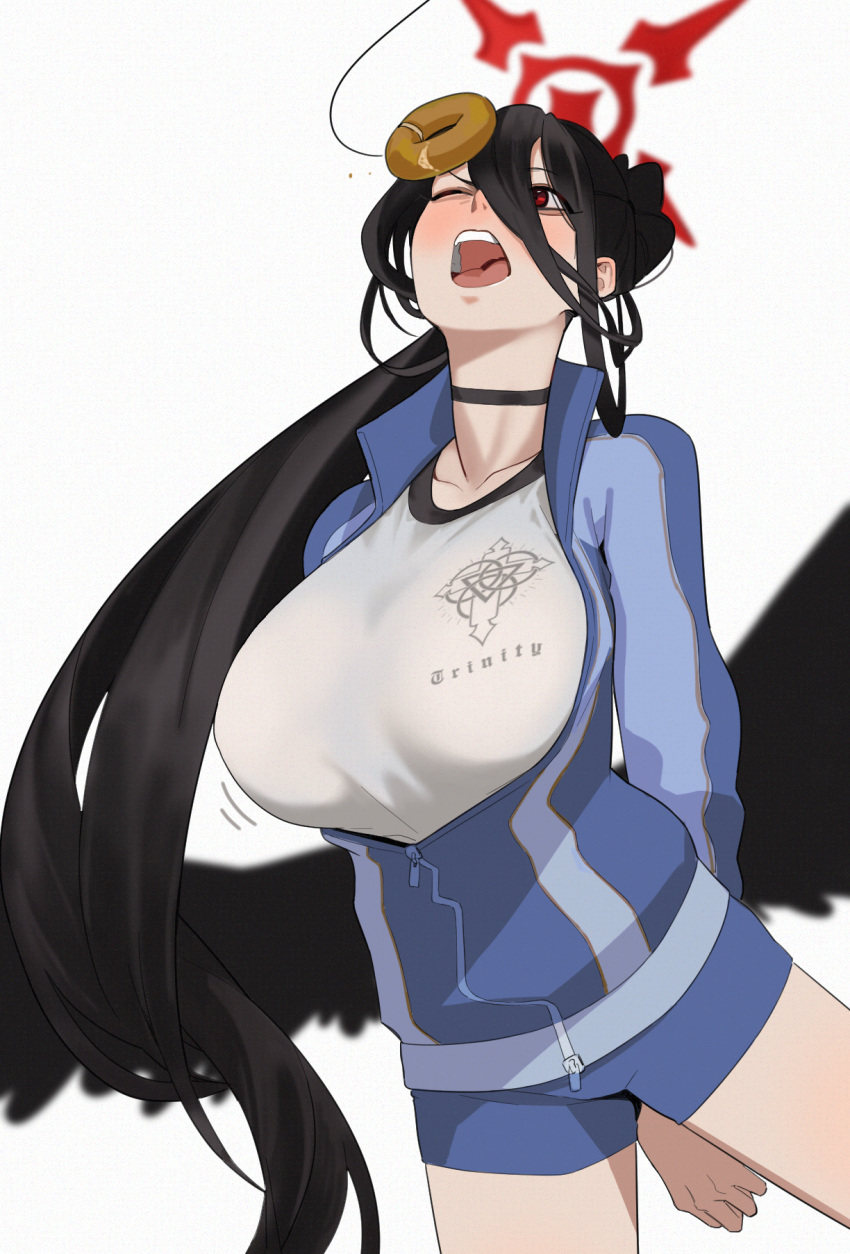1girl arms_behind_back black_hair blue_archive blue_shorts blush breasts choker doughnut food gym_shorts gym_uniform hair_between_eyes halo hasumi_(blue_archive) hasumi_(gym_uniform)_(blue_archive) highres hong_doo huge_breasts jacket knees_together_feet_apart long_hair looking_at_viewer mole mole_under_eye official_alternate_costume one_eye_closed open_mouth outdoors partially_unzipped ponytail red_eyes shirt short_shorts shorts solo track_jacket very_long_hair white_shirt
