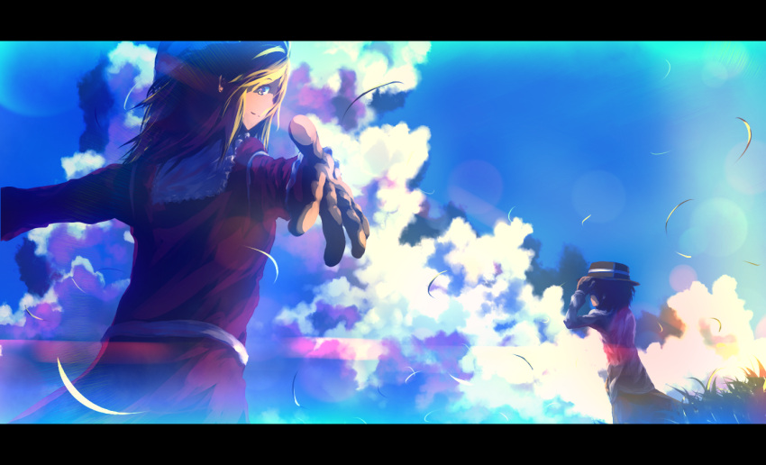 2girls blonde_hair brown_hair clouds dress grass hand_on_hat hat lens_flare letterboxed maribel_hearn multiple_girls outstretched_arms short_hair skirt sky smile touhou usami_renko wjstpwls4