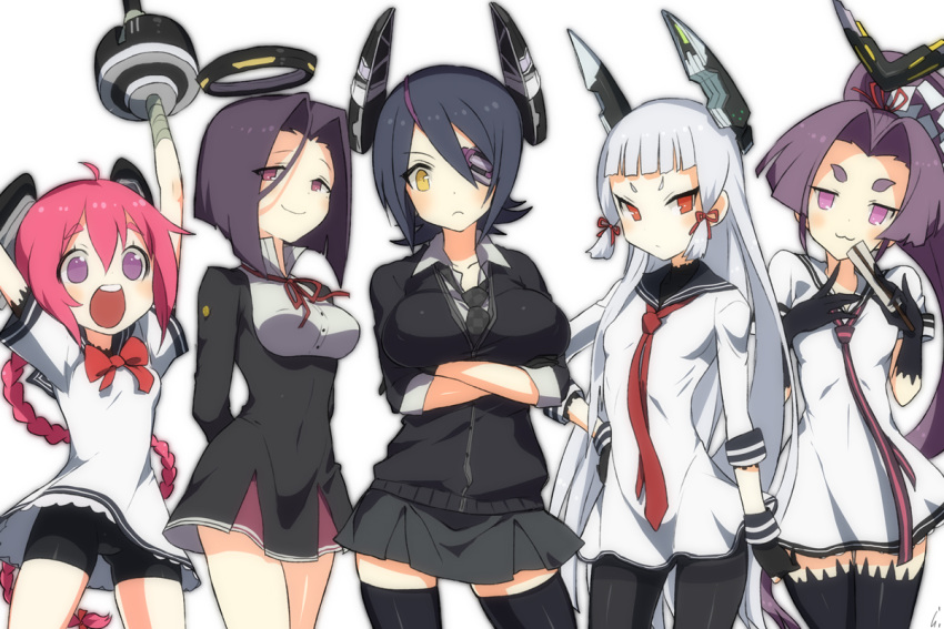 5girls :3 blue_hair braid checkered_necktie crossed_arms eyepatch fan gloves hair_ribbon hatsuharu_(kantai_collection) headgear kantai_collection looking_at_viewer mechanical_halo multiple_girls murakumo_(kantai_collection) nenohi_(kantai_collection) open_mouth ot-nm pantyhose personification pink_hair ponytail purple_hair red_eyes ribbon short_eyebrows smile tatsuta_(kantai_collection) tenryuu_(kantai_collection) thighhighs violet_eyes yellow_eyes