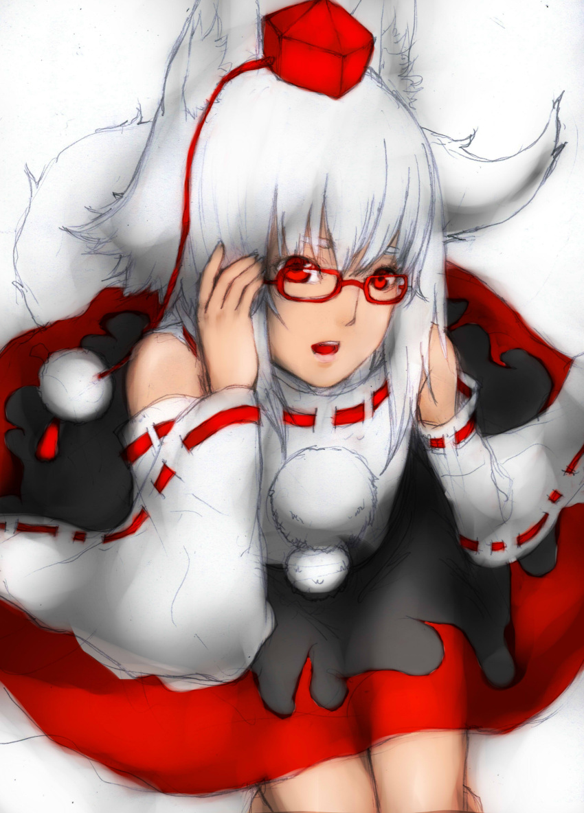 1girl absurdres animal_ears bespectacled detached_sleeves glasses hat highres inubashiri_momiji looking_at_viewer red_eyes skirt solo tail tokin_hat touhou white_hair wolf_ears wolf_tail zzzzzzzzzzzzzzp