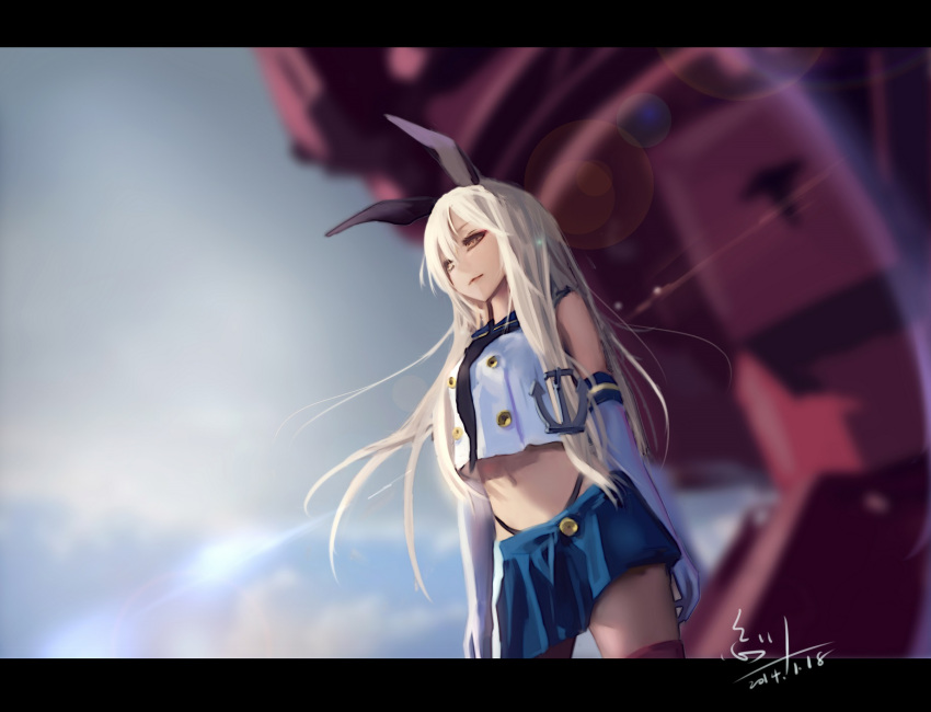 1girl anchor black_panties blonde_hair elbow_gloves gloves hairband hc highres kantai_collection long_hair navel panties personification shimakaze_(kantai_collection) socks solo striped striped_legwear thighhighs underwear white_gloves
