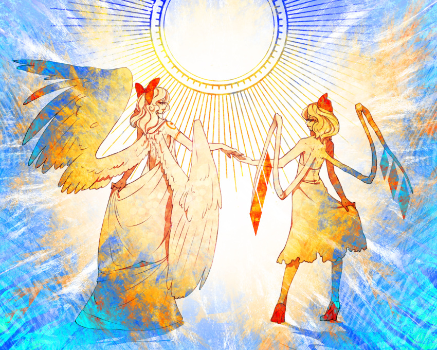 2girls bare_back bow dizmathik dress feathered_wings flandre_scarlet full_body gengetsu hair_bow multiple_girls outstretched_hand red_shoes shoes short_hair standing sun tattoo touching touhou touhou_(pc-98) wings