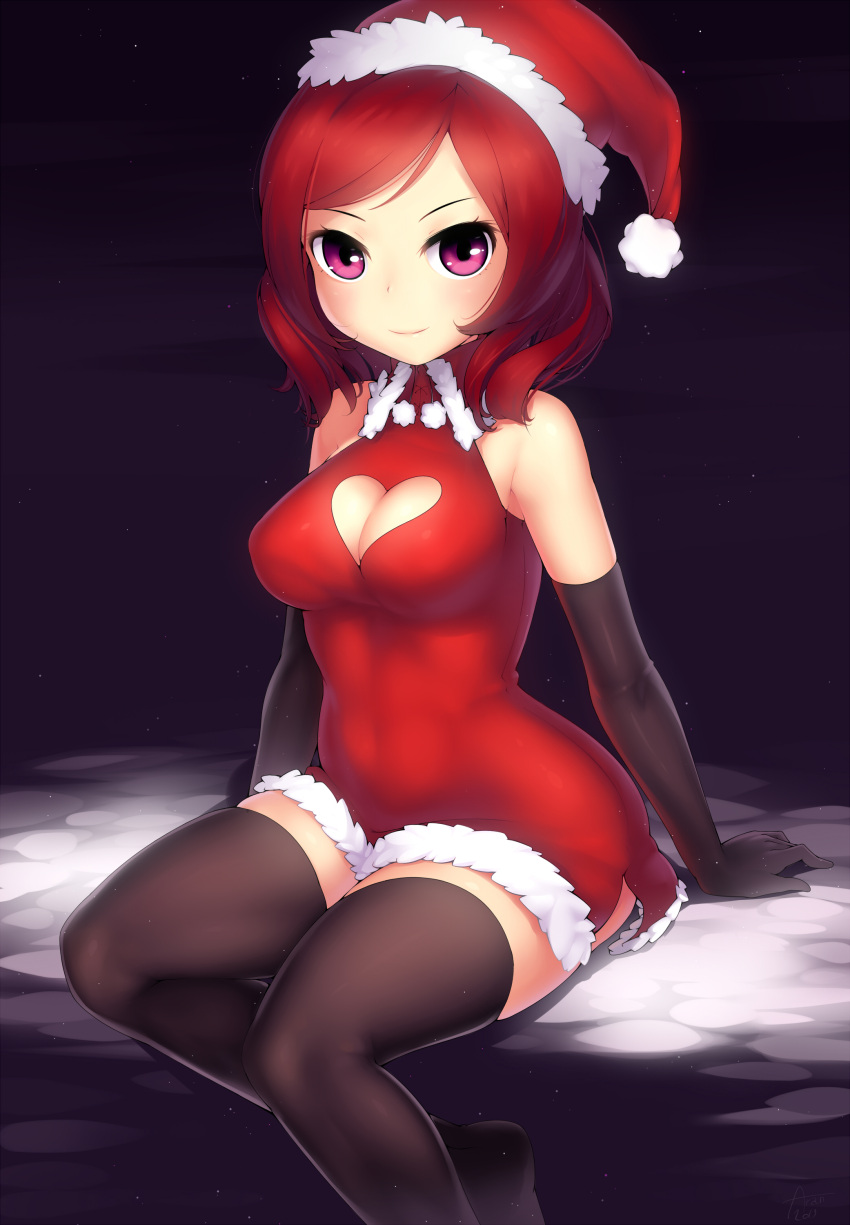 1girl absurdres arantheus bare_shoulders black_legwear breasts cleavage cleavage_cutout curvy elbow_gloves gloves hat heart_cutout highres large_breasts looking_at_viewer love_live!_school_idol_project nishikino_maki red_hair redhead santa_costume santa_hat short_hair sitting smile solo thighhighs violet_eyes