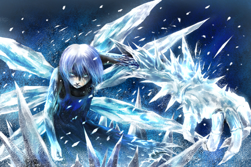 1girl blue_eyes blue_hair chama_(painter) cirno ice ice_wings looking_at_viewer solo touhou wings
