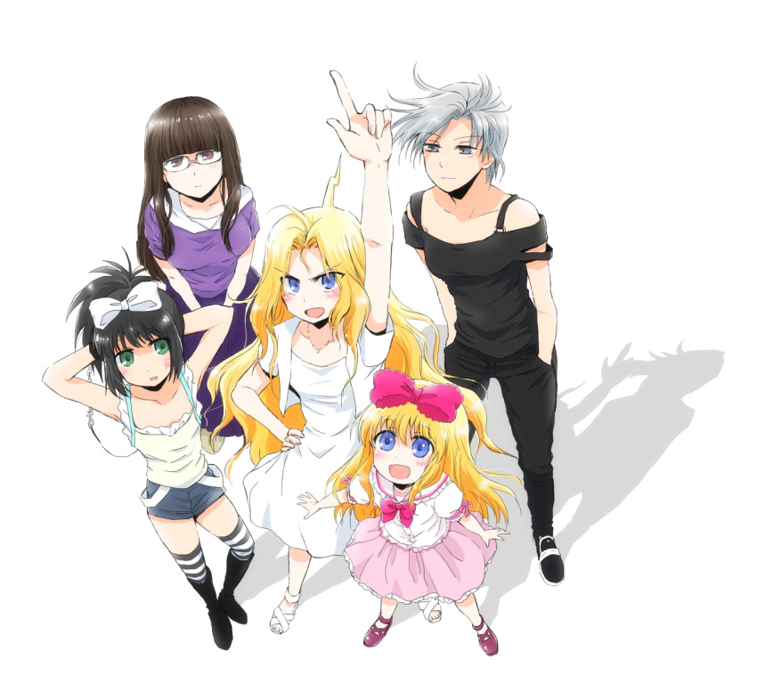 5girls ahoge amae_koromo arm_up arms_behind_head black_hair black_legwear blonde_hair blue_eyes blush boots bow bowtie brown_eyes brown_hair camisole casual dress from_above glasses green_eyes grey_eyes hair_bow hand_on_hip hands_in_pockets highres inoue_jun kunihiro_hajime long_hair looking_at_viewer mary_janes multiple_girls nashi_(starfish0115) off_shoulder open_mouth pants pink_dress pointing ponytail purple_dress ryuumonbuchi_touka saki sandals sawamura_tomoki shadow shoes short_hair short_shorts shorts silver_hair skirt smile socks standing striped striped_legwear t-shirt thighhighs white_background white_dress