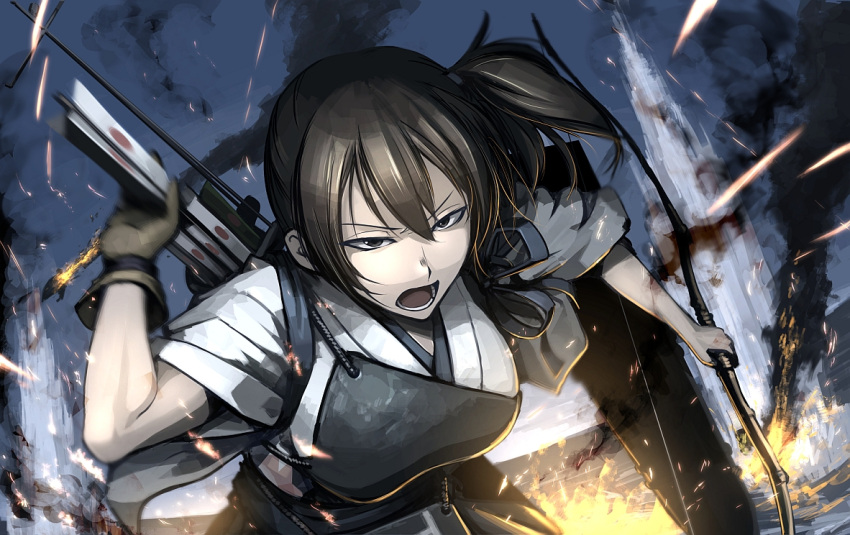1girl arrow bow_(weapon) brown_eyes brown_hair fire hetza_(hellshock) japanese_clothes kaga_(kantai_collection) kantai_collection motion_blur muneate open_mouth personification side_ponytail single_glove skirt smoke solo sparks splashing water weapon
