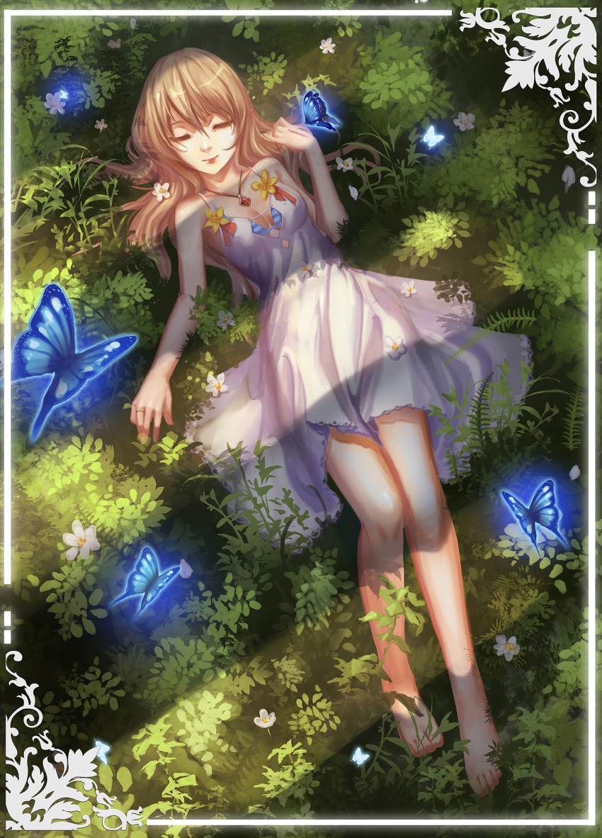 1girl bare_shoulders barefoot brown_hair butterfly closed_eyes dress flower highres jewelry liu_(sixquest) long_hair lying necklace on_back original pendant smile solo