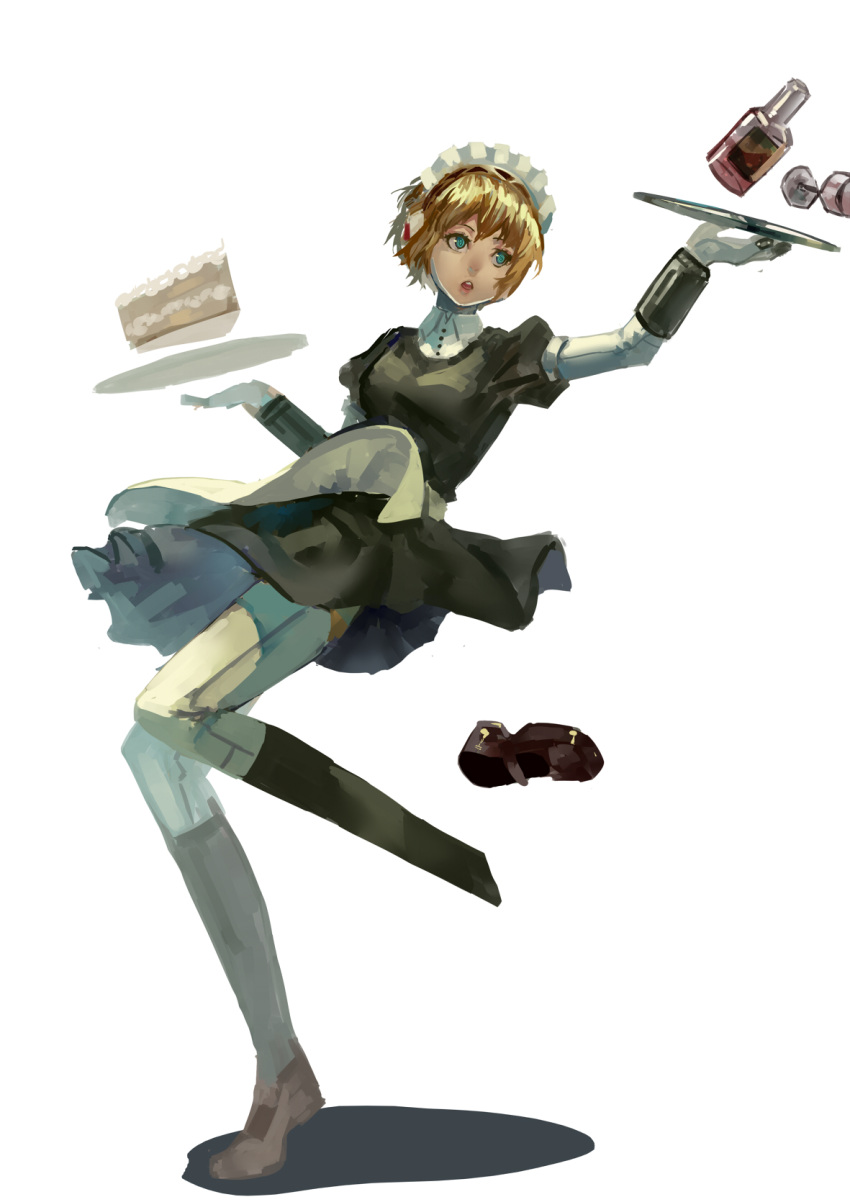 1girl aegis android blue_eyes cake food highres maid maid_headdress nanaya_(daaijianglin) persona persona_3 plate short_hair solo