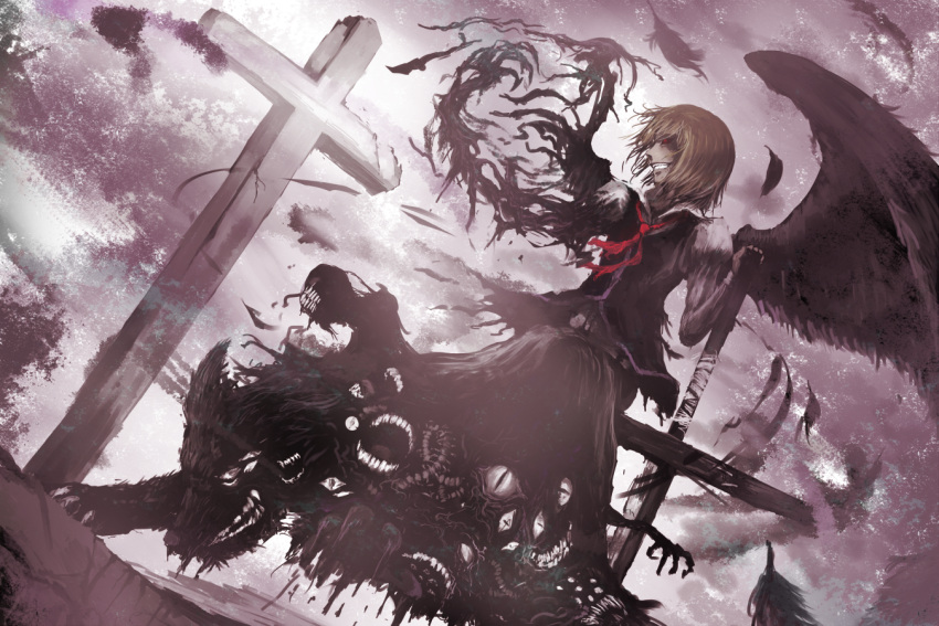 1girl ascot blonde_hair chama_(painter) cross ex-rumia feathers red_eyes rumia sharp_teeth touhou wings