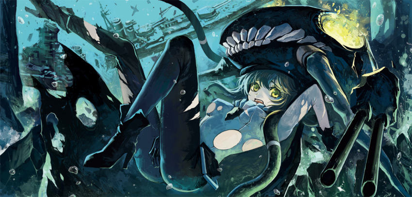 1girl bodysuit boots breasts cannon cape cruiser damaged gloves glowing glowing_eyes hat kantai_collection long_hair luko open_mouth pale_skin personification shinkaisei-kan short_hair silver_hair solo torn_clothes turret underwater wo-class_aircraft_carrier yellow_eyes