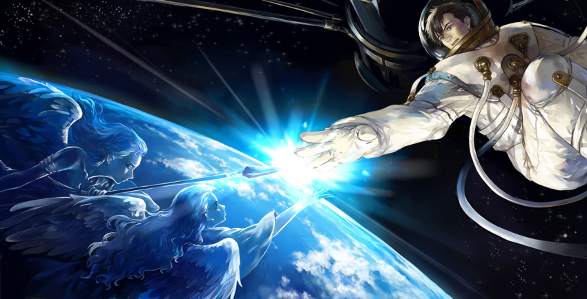 1boy 2girls angel astronaut blue_eyes brown_hair clouds earth epic fantasy fatlulu_(1008) gloves good_end helmet honneamise_no_tsubasa lens_flare long_hair multiple_girls ocean orbit polearm reaching_out realistic science_fiction shirotsugh_lhadatt space space_craft spacesuit spear star_(sky) sunrise tube tunic weapon wings