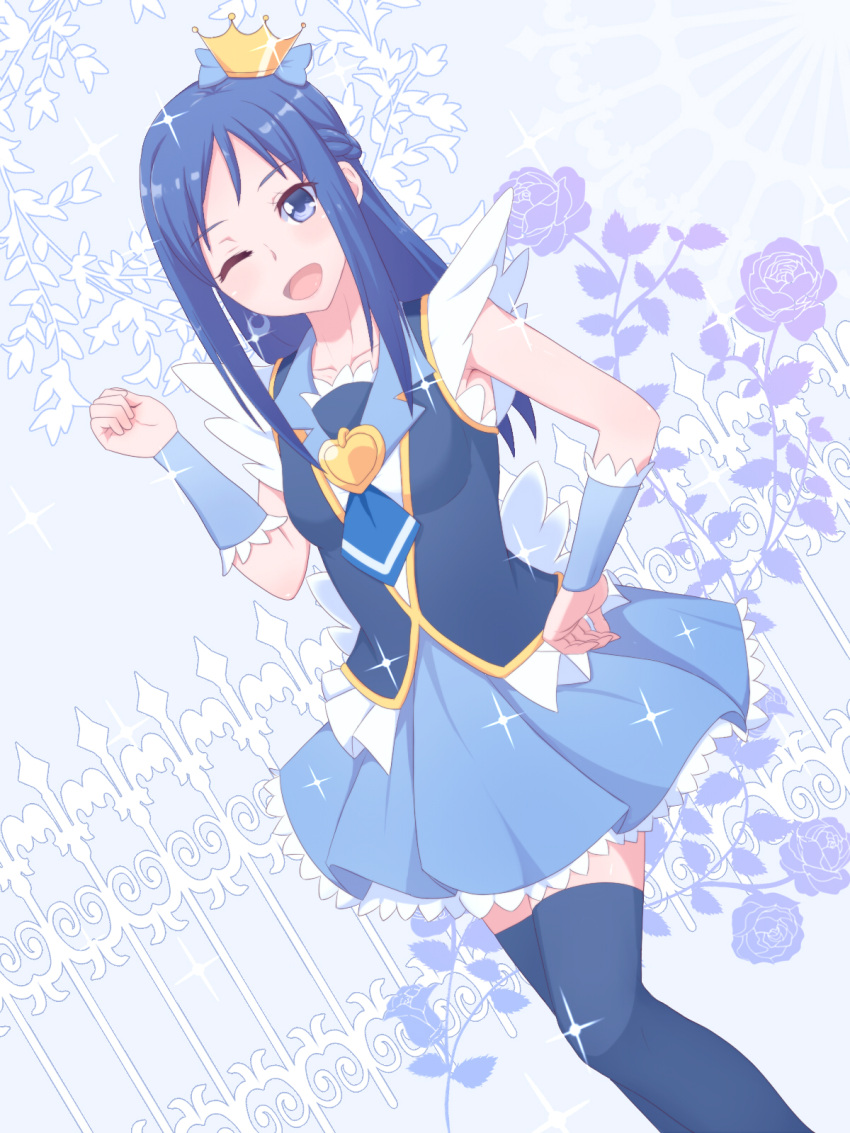 1girl blue blue_dress blue_eyes blue_hair blue_legwear braid color_connection cosplay crossover crown cure_princess cure_princess_(cosplay) dokidoki!_precure dress flower hair_ornament happinesscharge_precure! happy heart highres hishikawa_rikka jewelry long_hair looking_at_viewer open_mouth precure rose shirt single_braid skirt smile solo thighhighs thighs unpale wink wrist_cuffs zettai_ryouiki