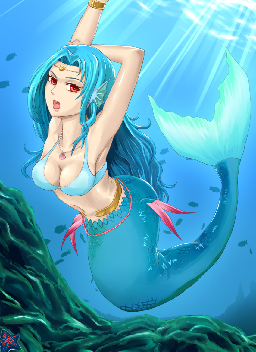 1girl armpits arms_behind_head arms_up bikini_top blue_hair bracelet circlet fish head_fins highres jewelry light_rays long_hair mermaid monster_girl navel necklace open_mouth pazuzu438 red_eyes scales seashell shell solo starfish underwater