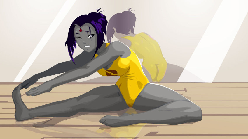 1girl alternate_costume ass barefoot bob_cut breasts dc_comics exercise forehead_jewel grey_skin highres lady_legasus large_breasts leaning_forward leotard mirror mirror_image morganagod purple_hair raven_(dc) short_hair soles solo stretch sweat teen_titans teen_titans_go! toes wince