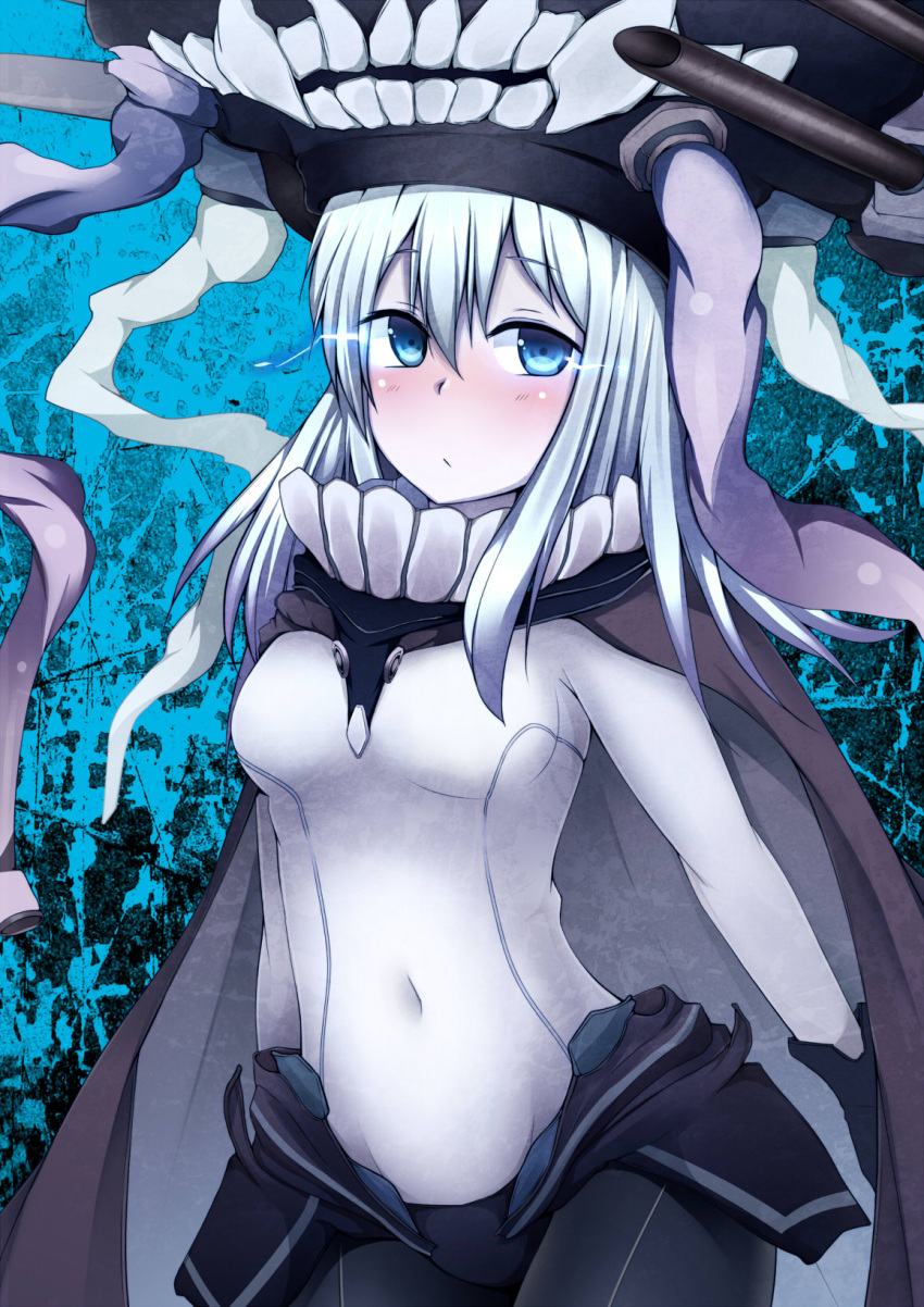 1girl blue_eyes blush bodysuit cape gloves highres kantai_collection looking_at_viewer monster pale_skin personification shinkaisei-kan silver_hair solo stealthbird turret wo-class_aircraft_carrier