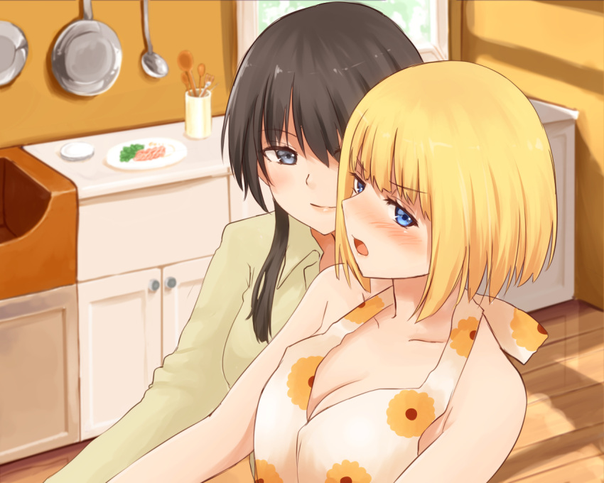 2girls apron blonde_hair blue_eyes blush breasts brown_hair cleavage dominica_s_gentile jane_t_godfrey kento1102 multiple_girls naked_apron open_mouth smile strike_witches