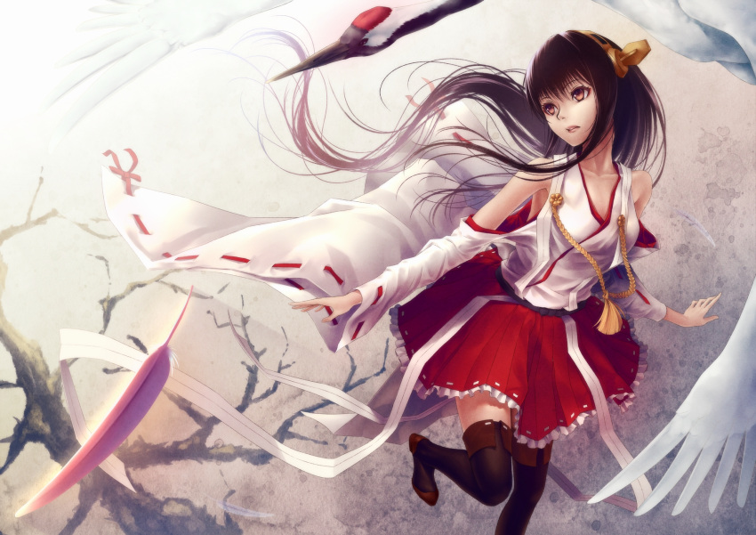 1girl bare_shoulders bare_tree bird black_hair boots breasts brown_eyes crane crane_(animal) detached_sleeves feathers hairband haruna_(kantai_collection) highres japanese_clothes kantai_collection long_hair oki_(koi0koi) open_mouth personification ribbon-trimmed_sleeves ribbon_trim solo thigh_boots thighhighs tree