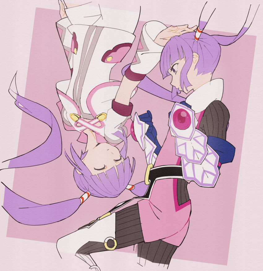 2girls alternate_costume bodysuit clenched_hands closed_eyes detached_sleeves dual_persona gauntlets hair_tubes highres lavender_eyes lavender_hair long_hair multiple_girls onioohashi sophie_(tales) tales_of_(series) tales_of_graces twintails upside-down