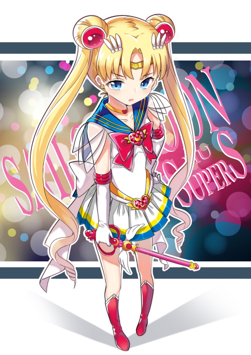 1girl absurdres bishoujo_senshi_sailor_moon blonde_hair blue_eyes boots bow brooch copyright_name double_bun elbow_gloves from_above gloves hair_ornament hairpin highres jewelry kaleidomoon_scope kikimi knee_boots long_hair magical_girl perspective ribbon sailor_collar sailor_moon skirt solo super_sailor_moon tiara tsukino_usagi twintails wand