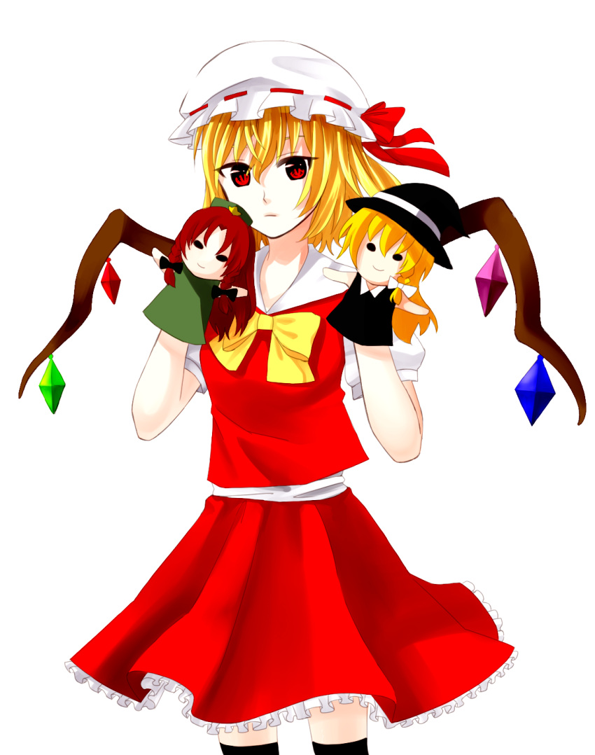 1girl blonde_hair braid expressionless flandre_scarlet hand_puppet hat hat_ribbon highres hong_meiling kirisame_marisa looking_at_viewer milk_(bird-joa) mob_cap puffy_short_sleeves puffy_sleeves puppet red_eyes redhead ribbon short_hair short_sleeves side_ponytail simple_background single_braid skirt skirt_set slit_pupils solo thighhighs touhou twin_braids white_background witch_hat zettai_ryouiki