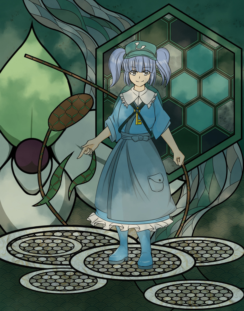 1girl adapted_costume backpack bag blue_hair boots cattail clenched_hand grey_eyes hakama_skirt hat highres hime_cut kawashiro_nitori key looking_at_viewer multicolored_background nuemamoru_eion plant pointing pointing_down rubber_boots seigaiha short_hair smile solo touhou twintails