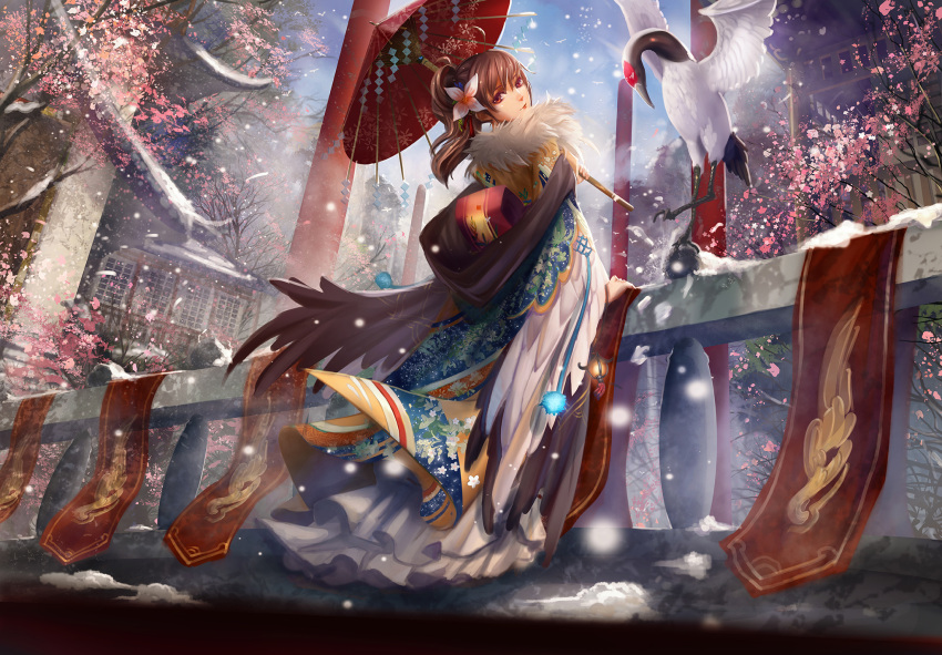 1girl 629294 banner bird brown_hair building cherry_blossoms crane_(animal) highres japanese_clothes looking_back original petals ponytail red_eyes scarf short_hair snow traditional_clothes umbrella