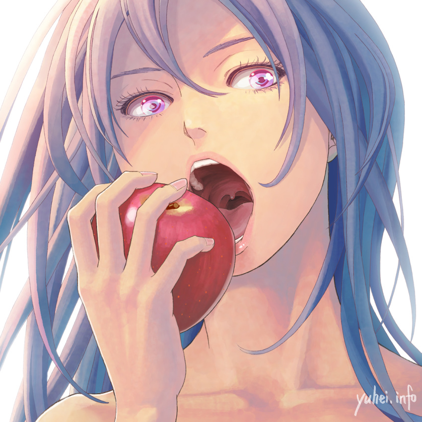 1girl apple bare_shoulders collarbone face food fruit hands holding holding_fruit lips open_mouth original purple_hair simple_background solo teeth uvula violet_eyes yuuhei