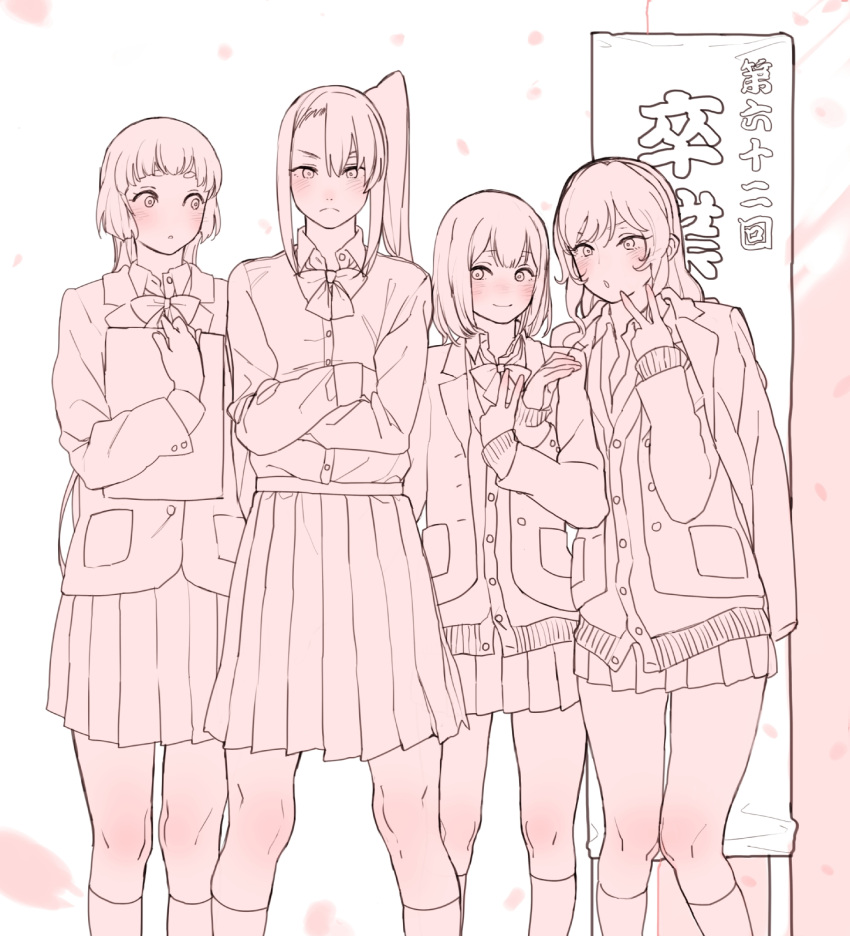 4girls alternate_costume ashigara_(kantai_collection) blazer blush bow cardigan casual coat_on_shoulders crossed_arms dress_shirt haguro_(kantai_collection) hairband highres ikarin kantai_collection kneehighs long_hair monochrome multiple_girls myoukou_(kantai_collection) nachi_(kantai_collection) no_headwear open_mouth personification petals pleated_skirt school_uniform shirt short_eyebrows short_hair side_ponytail simple_background skirt smile translation_request v white_background