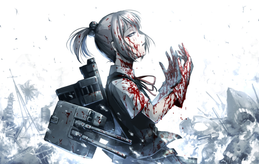 1girl blood blood_on_face blood_splatter bloody_clothes blue_eyes gloves hair_ornament hetza_(hellshock) kantai_collection looking_up personification pink_hair ponytail school_uniform shiranui_(kantai_collection) short_hair short_sleeves skirt white_gloves