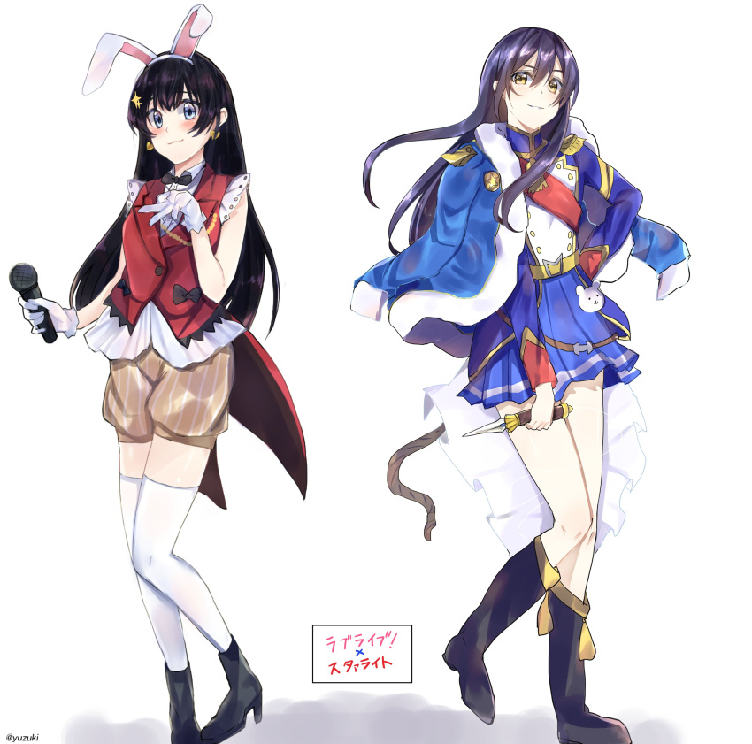 2girls absurdres animal_ears bangs black_hair blue_eyes blue_hair blush commentary_request cosplay costume_switch earrings full_body gloves hair_between_eyes hair_ornament highres holding holding_microphone jacket jewelry kagura_hikari korekara_no_someday long_hair looking_at_viewer love_live! love_live!_school_idol_festival love_live!_school_idol_project microphone mimori_suzuko multiple_girls parted_lips pleated_skirt rabbit_ears seiyuu_connection shoujo_kageki_revue_starlight simple_background skirt smile sonoda_umi sparkle_hair_ornament standing thigh-highs weapon white_background white_gloves white_legwear yellow_eyes