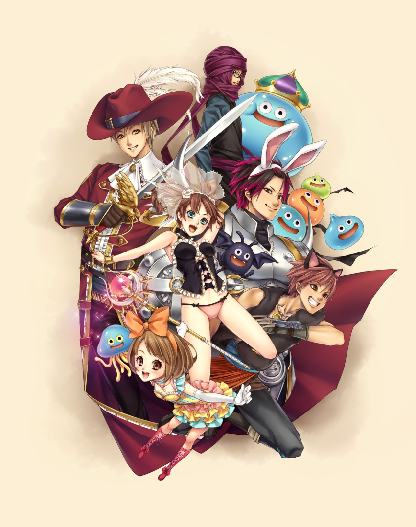 armor bare_shoulders black_eyes blue_eyes boots bow brown_eyes brown_hair bunny_ears cat_ears corset crown dragon_quest dragon_quest_ix dress feathers gauntlets glasses hat heart heroine_(dq9) highres hoimi_slime king_slime leaning_forward momoi_komomo multicolored_hair open_mouth rabbit_ears slime slime_(dragon_quest) staff sword turban weapon