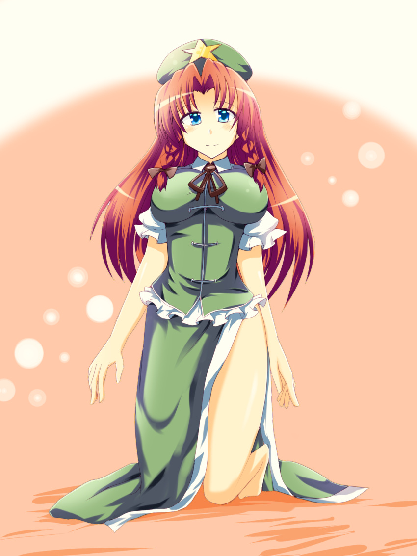 bad_id barefoot blue_eyes braid breasts china_dress chinese_clothes hands hat highres hong_meiling large_breasts long_hair red_hair redhead smile solo touhou twin_braids wedge