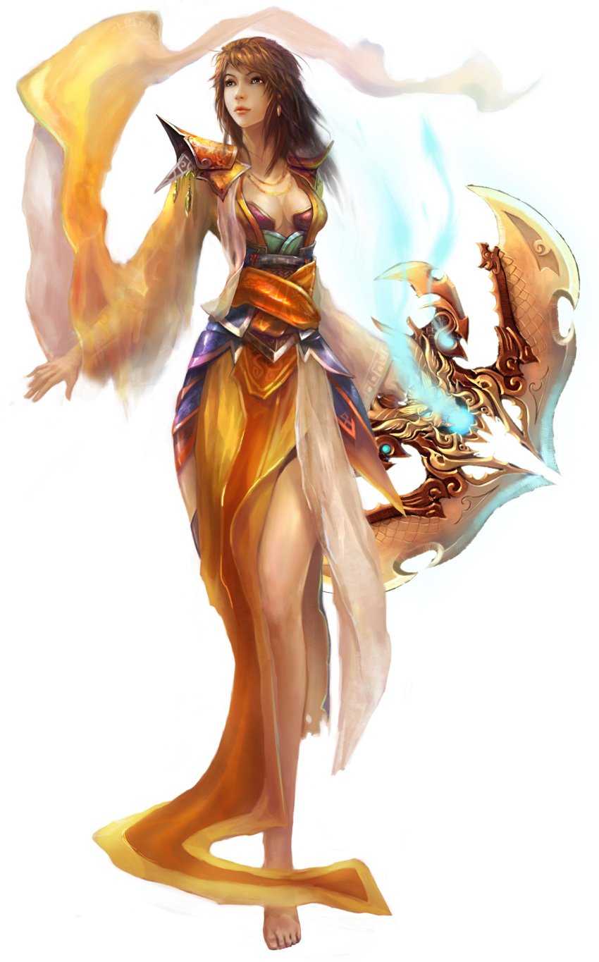 barefoot blade brown_hair china_dress chinadress chinese_clothes dragon_oath dress earrings feet highres jewelry long_hair magic messy_hair necklace