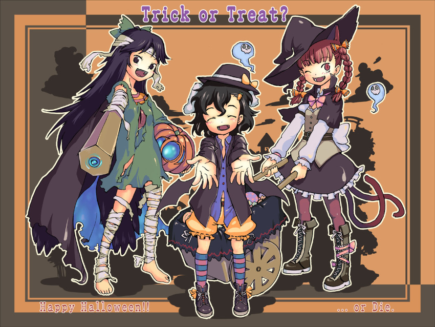 black_hair bow braid bunny_ears cat_ears cat_tail extra_ears eyes halloween hat highres inaba_tewi kaenbyou_rin multiple_tails nmtk pumpkin rabbit_ears red_eyes red_hair redhead reiuji_utsuho short_hair tail touhou twin_braids twintails wallpaper wings witch_hat